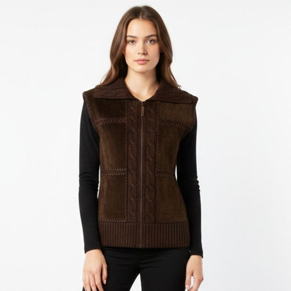 VTG DESIGNERS STUDIO ORIGINALS Leather & Cable Knit Vest Womens Brown Size Large